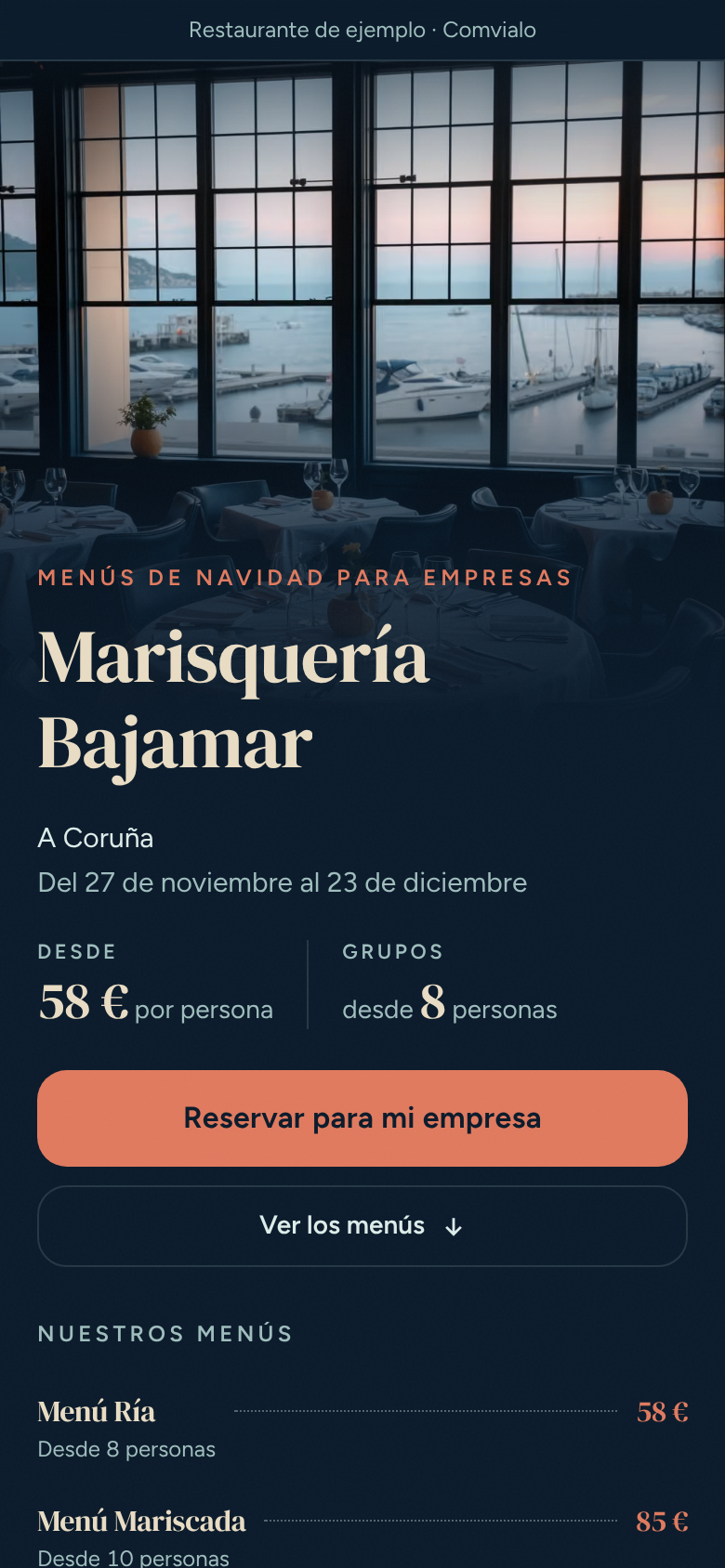 Página de menús de un restaurante de ejemplo