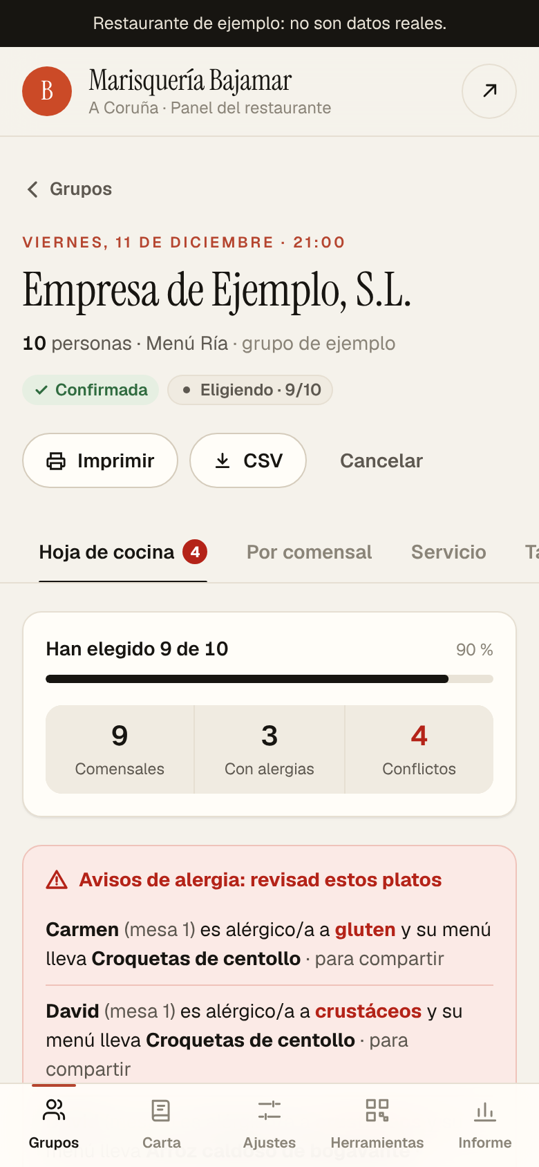 Hoja de cocina con totales por plato, nombres y alergias